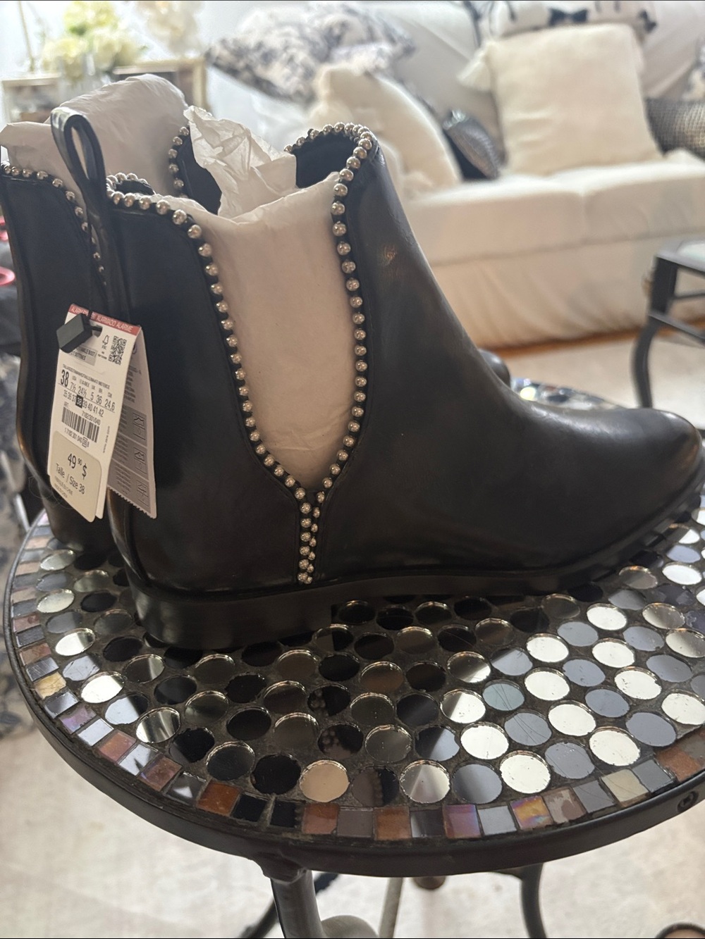 Zara Black Leather Chelsea Booties with Silver Stud Trim